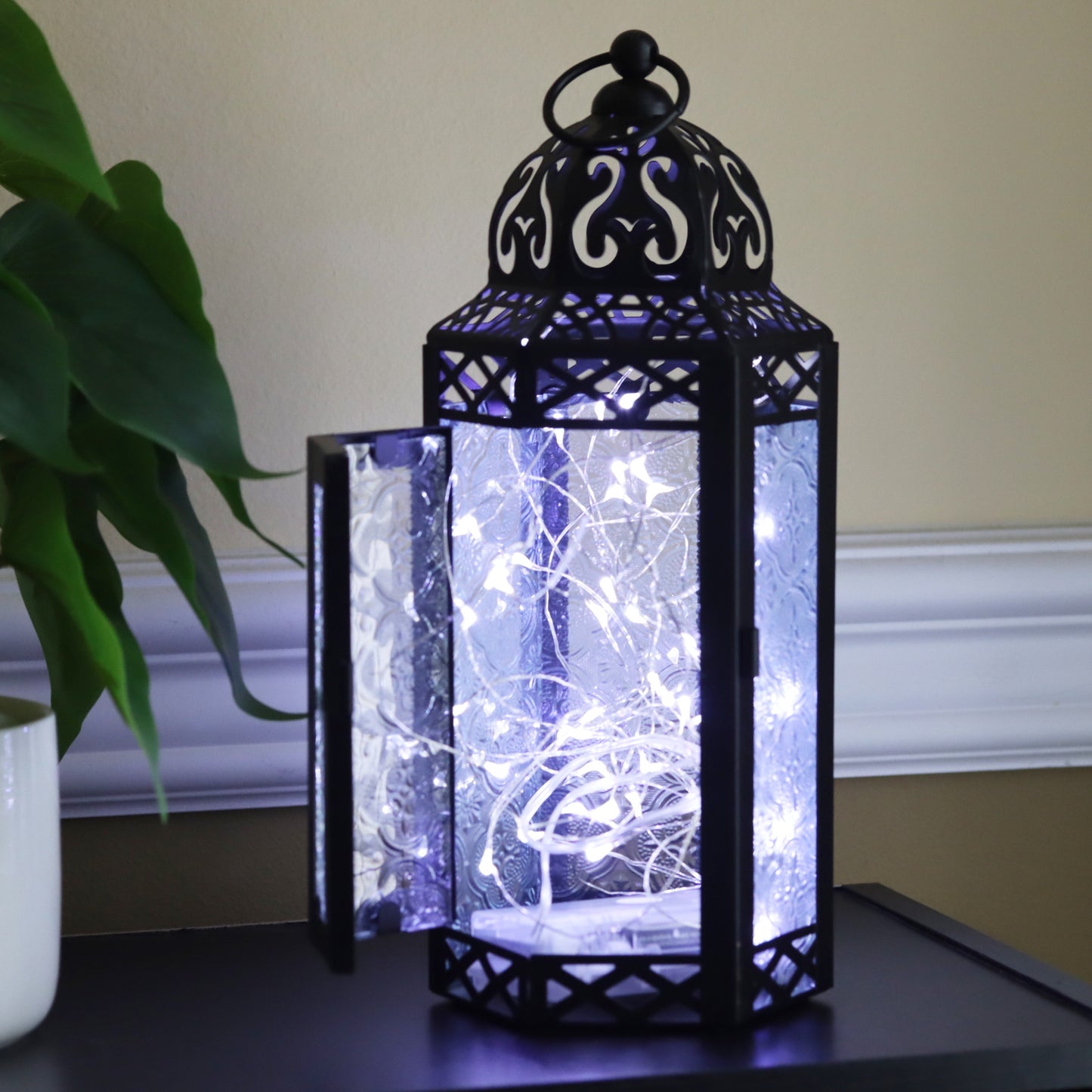 Stunning Ambient Lighting Safe and Stylish Glass Metal Moroccan Candle Lantern Holder Lamp with Battery-Operated LED Lights plus Remote Control – Handcrafted Lantern with Intricate Design and Embossed Glass, Indoor Home Dec