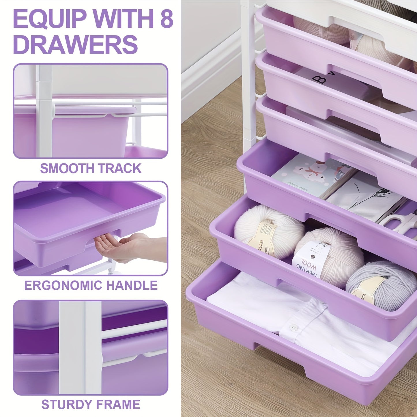 8-Drawer Rolling Storage Cart with Locking Casters & Tabletop - Heavy-Duty Metal Frame, Purple Finish, Multi-Purpose Organizer for Living Room, Bedroom, Office, Dorm, Bathroom, Versatile Rolling Storage Cart, Decorative Drawe