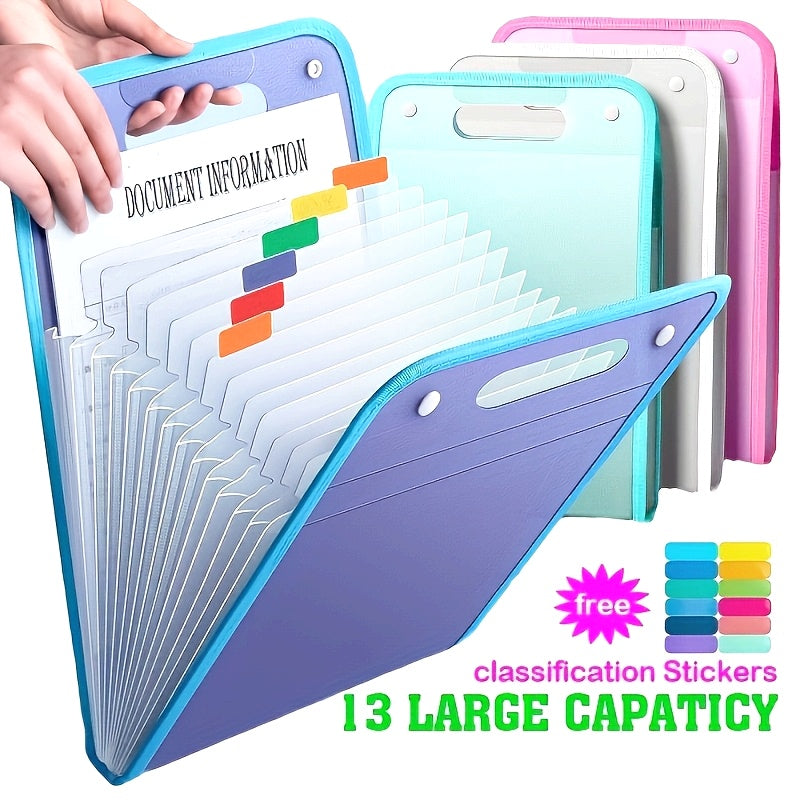 13-Layer A4 Clip Accordion File Folder, Handheld PP Material, Contemporary Style, Student Document Organizer with Free Classification Stickers, Examination Bag