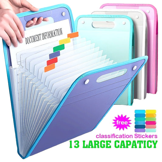 13-Layer A4 Clip Accordion File Folder, Handheld PP Material, Contemporary Style, Student Document Organizer with Free Classification Stickers, Examination Bag