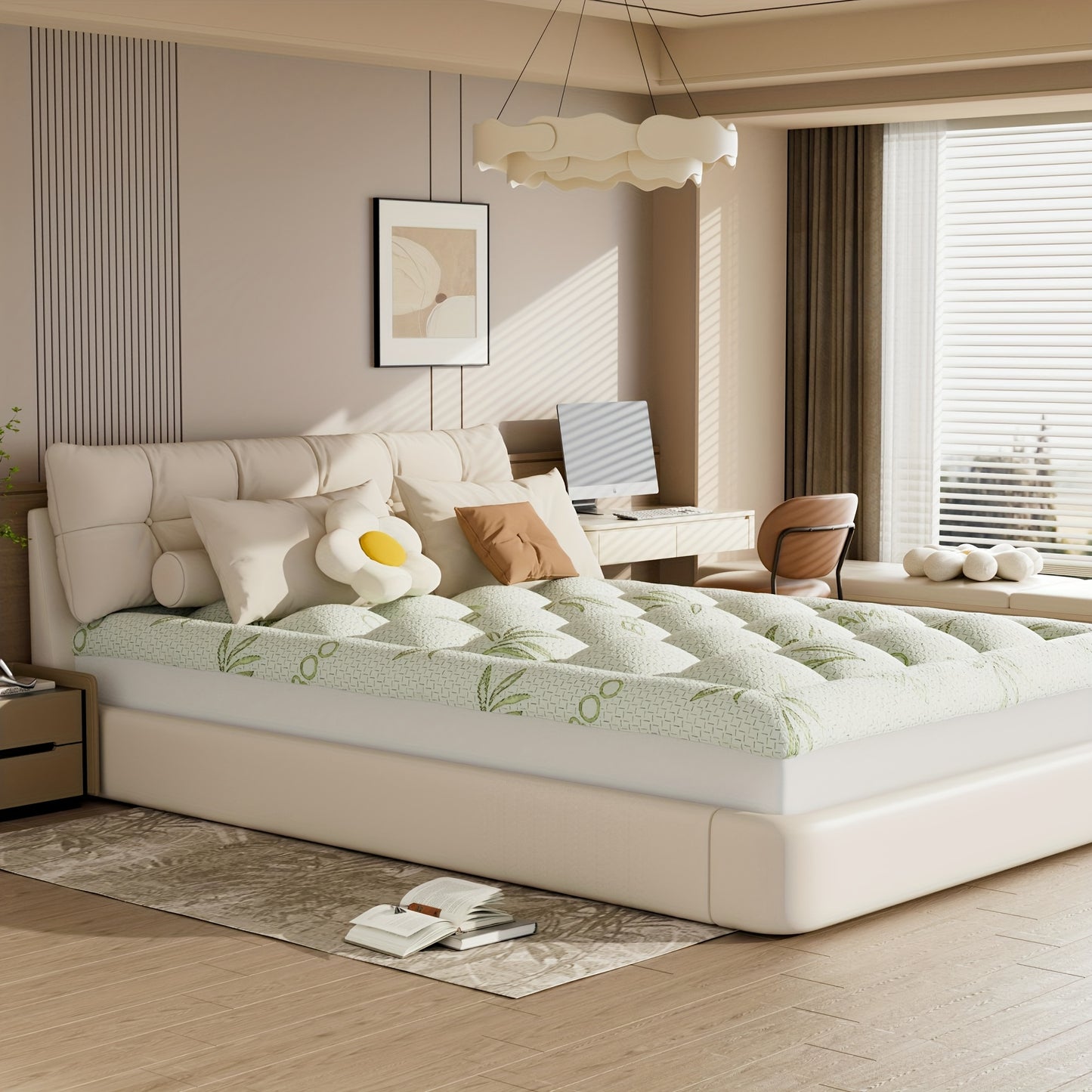 Mattress Topper With PU Waterproof Layer Of Waterproof Mattress Protector, Cooling Extra Thick Breathable Viscose Made From Bamboo Mattress Pad, Soft Quilted Fitted Mattress Cover With 1000 GSM Down Alternative Fill (8-21"Dee