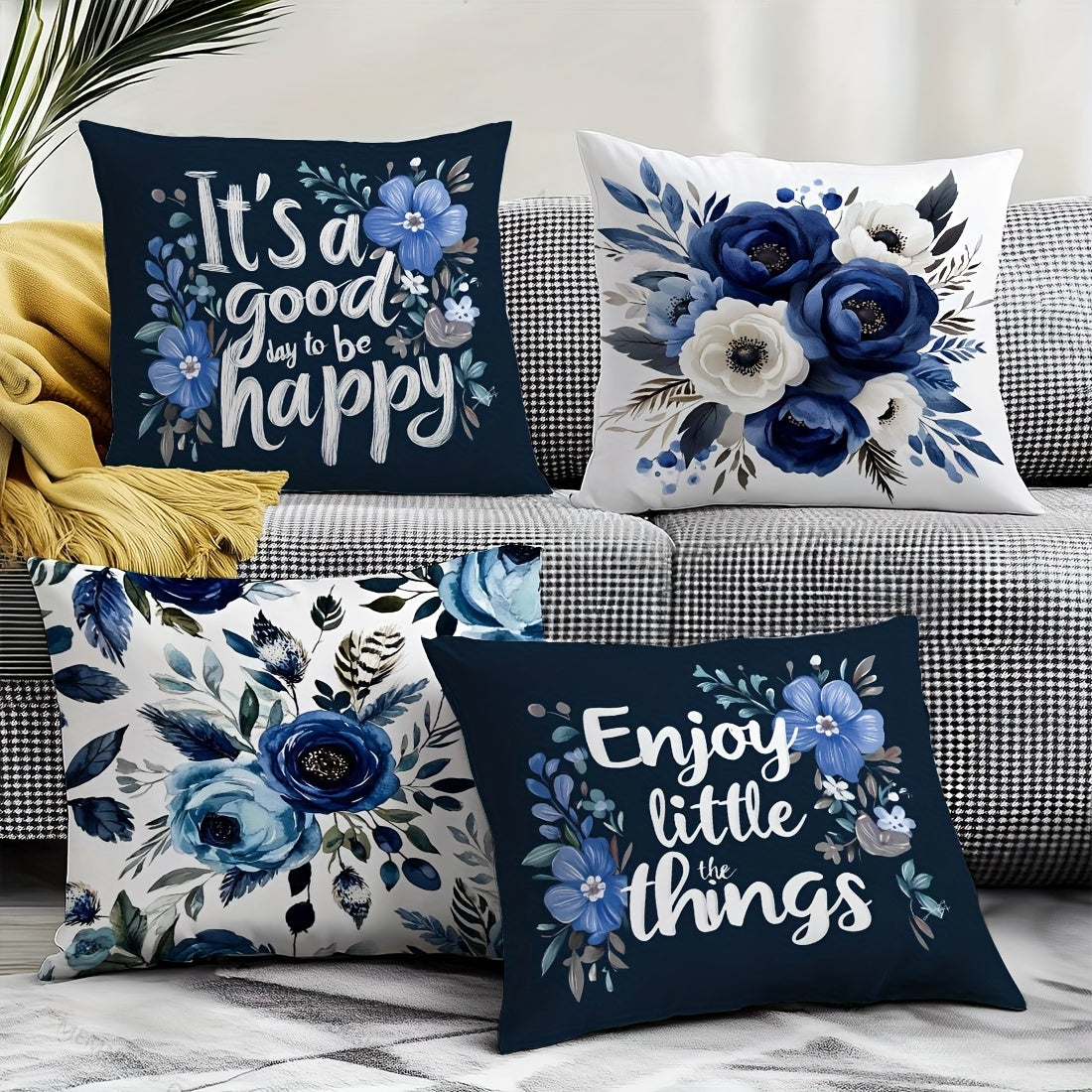 4pcs, Single Sided Printed Pillow Cover, Four Piece Set Of Deep Blue Floral Text Pillow Cover, 17 7*17. 7in, Home Decoration Pillow Cover Suitable For Living Room, Sofa, Bedroom, Without Pillow Core