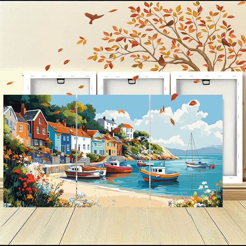 Coastal Village Canvas Wall Art - 3pcs Framed Boat and Seaside Town Print Set - 12x16 Inch Ready to Hang Paintings for Living Room, Dining Area Decoration