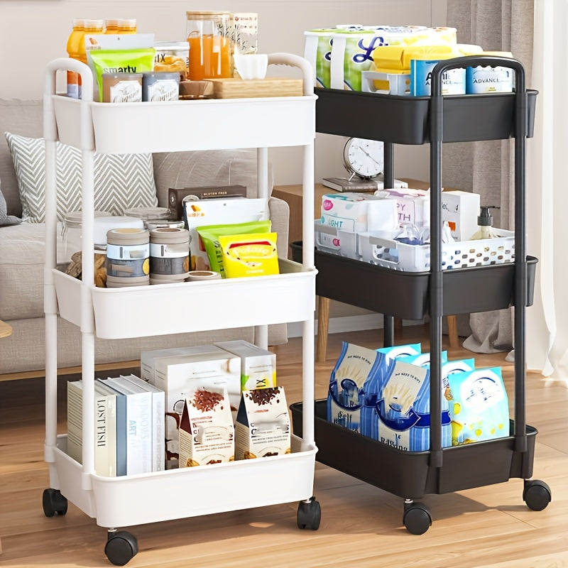 [Durable Storage Cart] Durable Multi-Layer Storage Organizer Cart | Easy to Move, Ideal for Kitchen, Bathroom, Bedroom - White and Black, 2D Flat