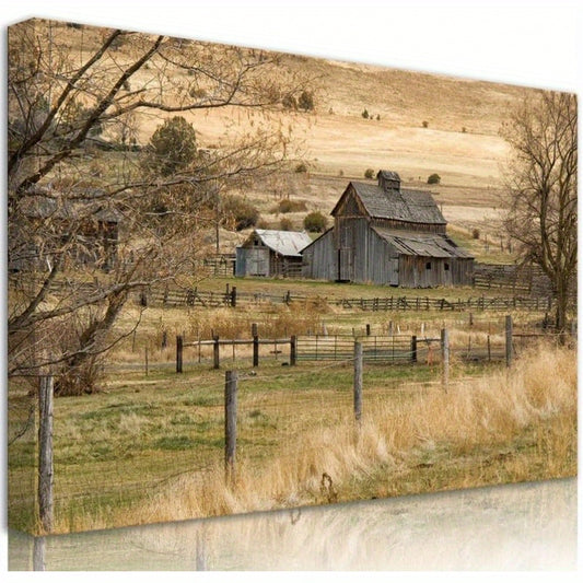 [Farmhouse Canvas Wall Art] Farmhouse Canvas Wall Art – Framed Rustic Vintage Barn & Golden Field Landscape, Perfect for Bedroom, Living Room, or Bathroom, 2D Flat Country Style Decor
