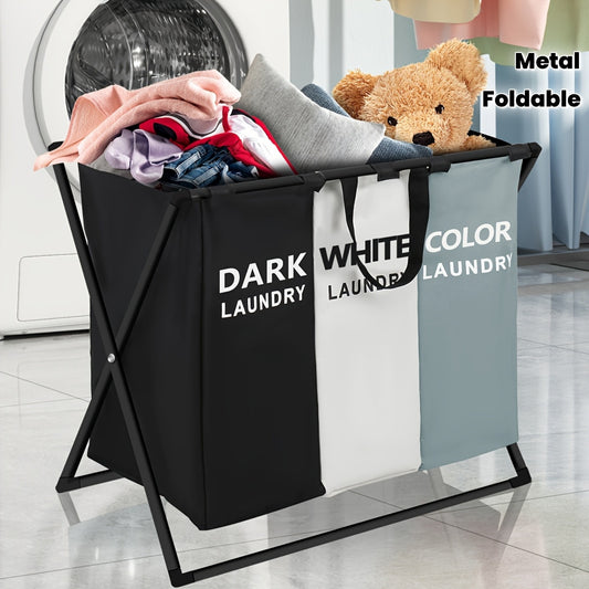 3-Section Foldable Laundry Hamper Sorter with Oxford Bags – Large Capacity, Metal Frame, Dark/Light/Color Compartments for Easy Laundry Organization in Bedrooms or Bathrooms, Laundry Baskets
