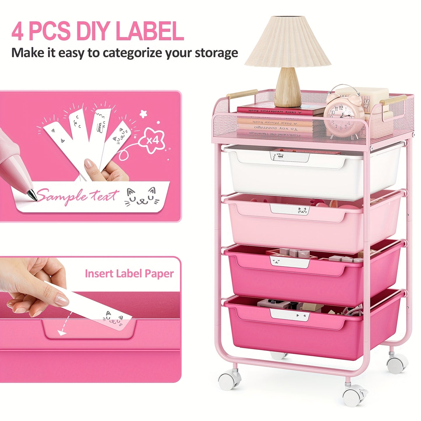 Pink Rolling Utility Cart with 4 Drawers & 4-Tier Mesh Top - Mobile Storage Organizer with 4pcs DIY Lable Drawers, Durable Metal Frame, 3.2 Cu Ft Capacity, Compact Under 27" Height for Office, Craft Room, Home Organization, S