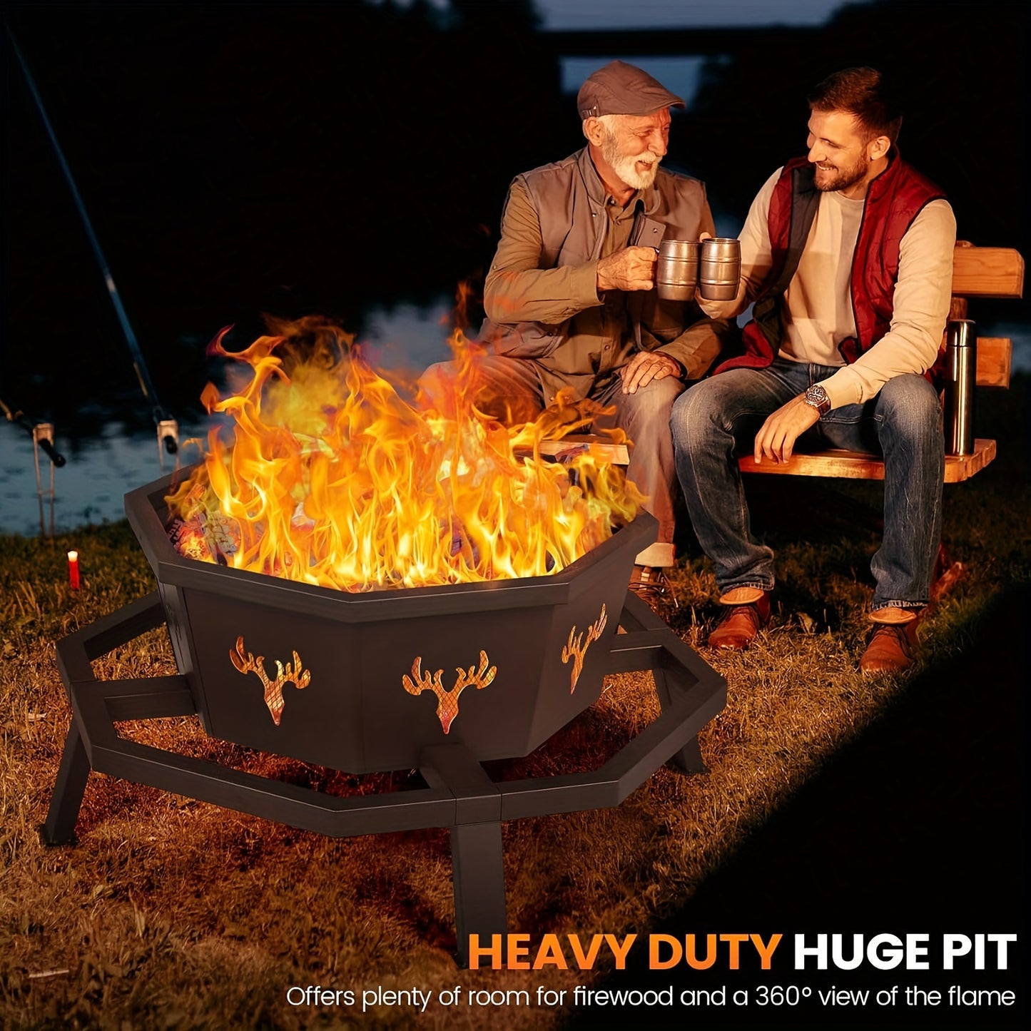 [Octagonal Wood Burning Fire Pit] 35 Inch Octagonal Wood Burning Fire Pit - Outdoor Bonfire Firepit for Camping, Backyard, Patio