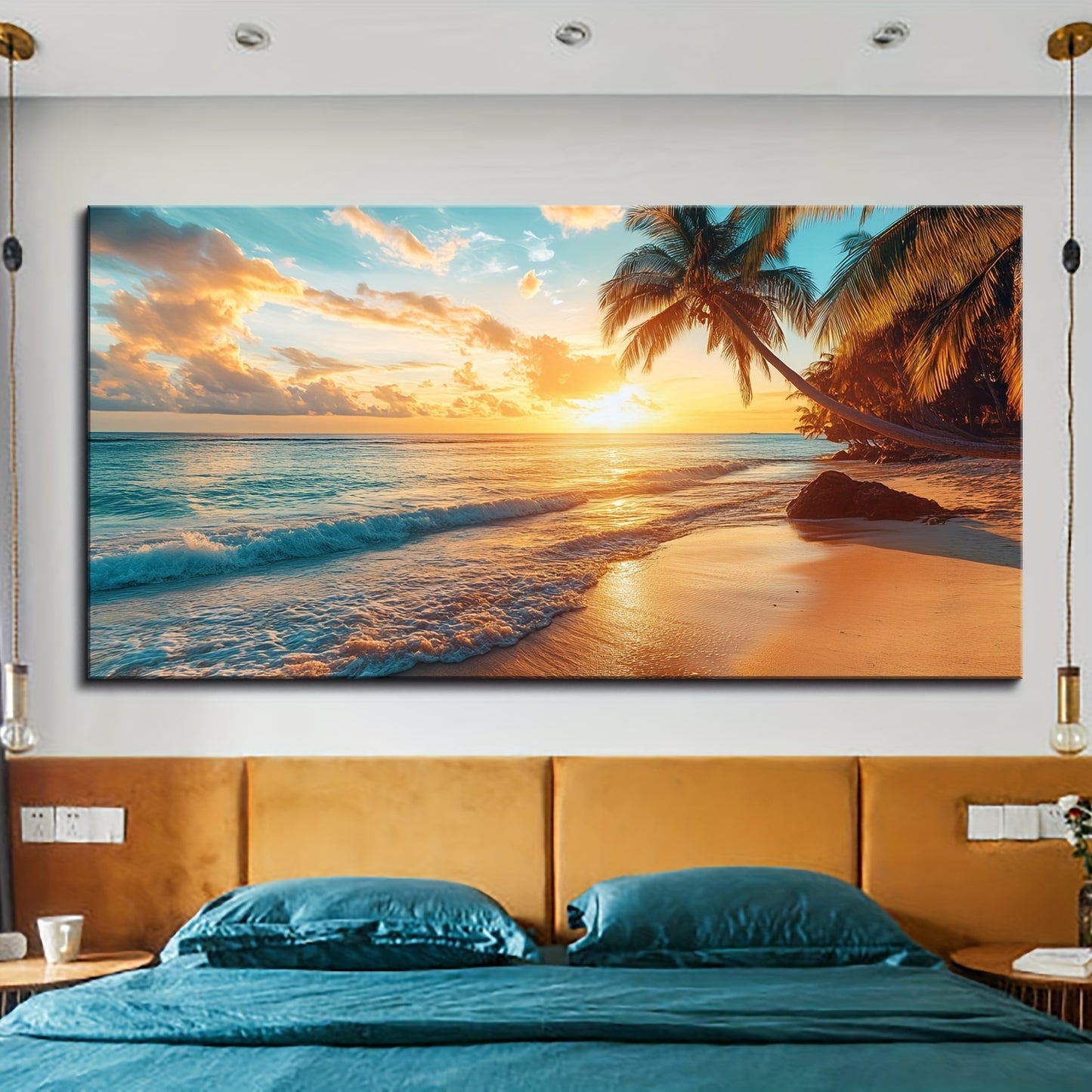 1.5-Inch Thick Pine Solid Wood Frame, Natural Scenery Canvas Mural, Ocean Sunset Coastal Scenery Beach Picture Wall Decoration, Sea Poster Sea View Wall Decoration, Modern Relaxing Sunrise Skyline Painting, Suitable for Bathr
