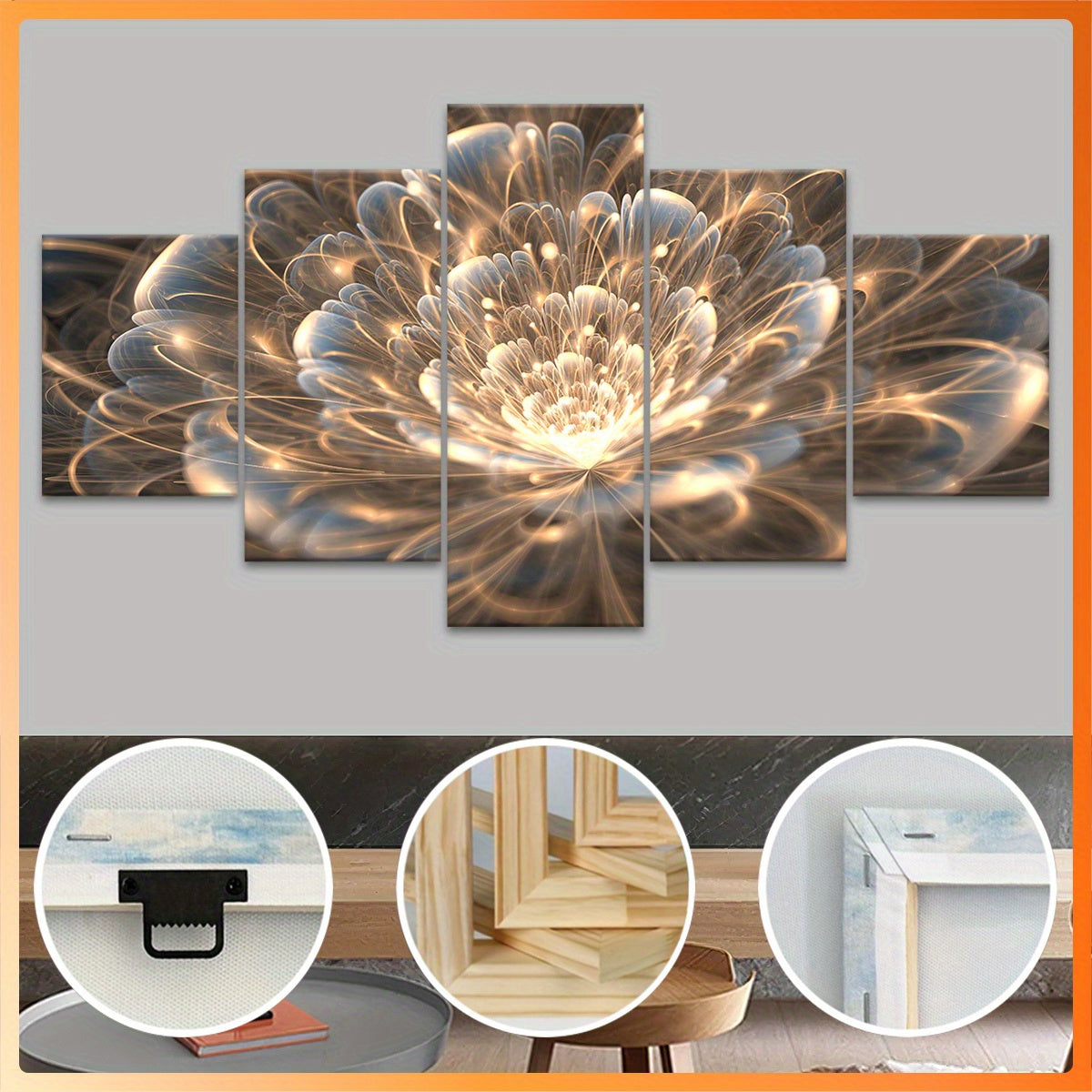 2D Flat, [2D FLAT] 5pcs Wooden Framed Canvas, Buddhist for Lotus Theme Poster, Pattern Art for Home Decoration, Wall Decor for Living Room, Bedroom, Office, Bar, Restaurant, High Quality Waterproof Painting, HD Artwork., 2D F