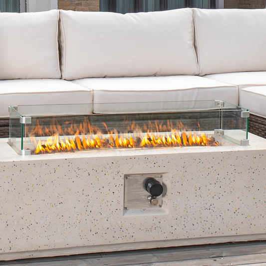 [42" Fire Pit Table] 42" Rectangular Fire Pit Table - 1pc 40,000 BTU Propane Fire Pit with Adjustable Flame, Speckled White Finish, Built-In Storage & Side Table, Matchable Glass Cover & Tank Cover - Outdoor Heating for Patio