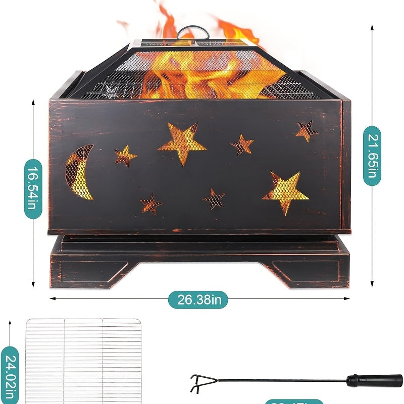 26in Fire Pit Set with Spark Screen, Mesh Cover And Poker, Heating Equipment Equipment, Use for Outside Bonfire Patio Picnic BBQ