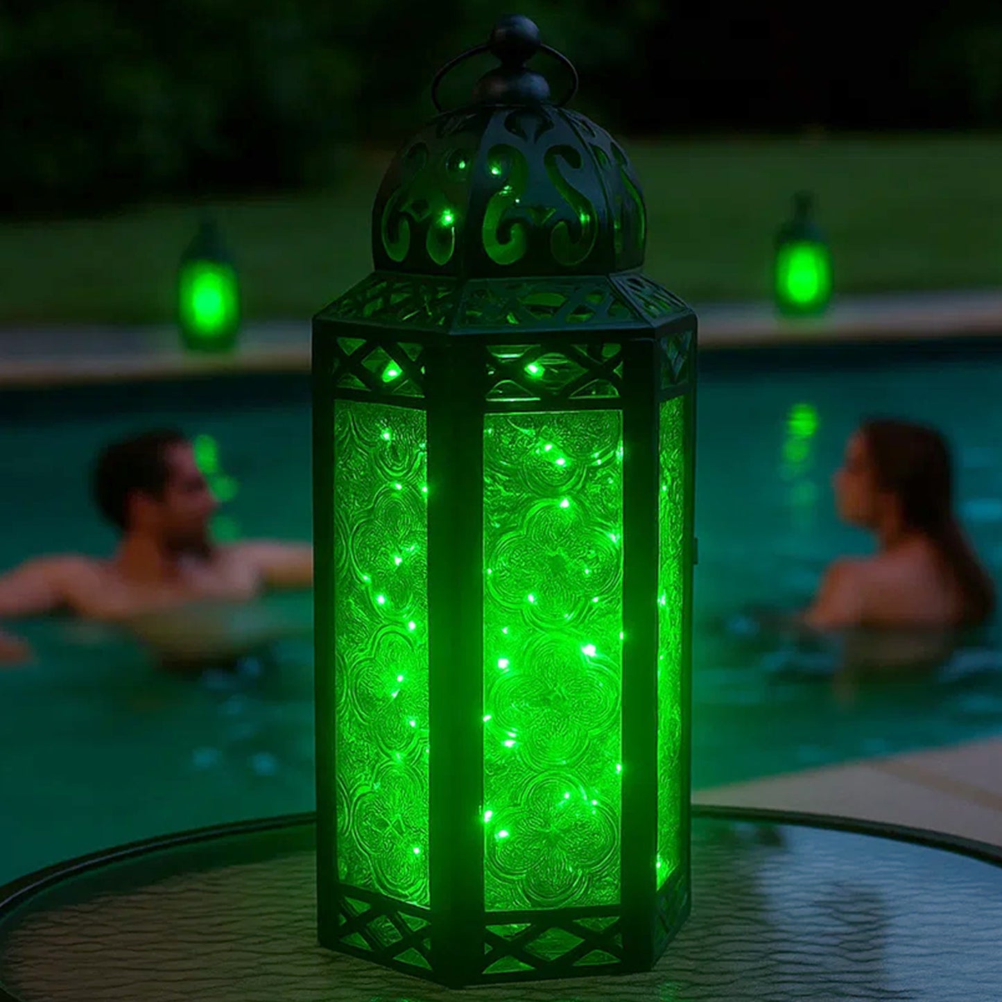 Stunning Ambient Lighting Safe and Stylish Glass Metal Moroccan Candle Lantern Holder Lamp with Battery-Operated LED Lights plus Remote Control – Handcrafted Lantern with Intricate Design and Embossed Glass, Indoor Home Dec