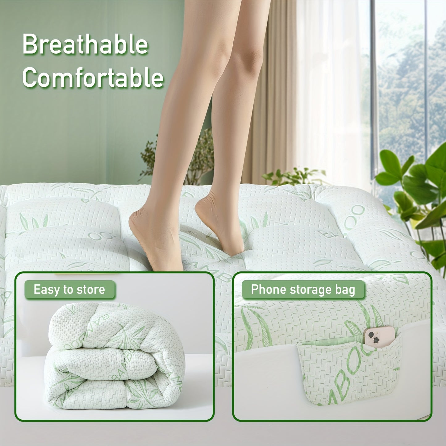 Extra-Thick Bamboo Fiber Pillow Mattress Topper - 1000GSM Cooling Mattress Pad with High Quality & Moisture-Proof Bottom, Breathable & Cool for Immersive Sleep, Offering A Premium Sleep Experience, Soft Mattress Cover with 8"