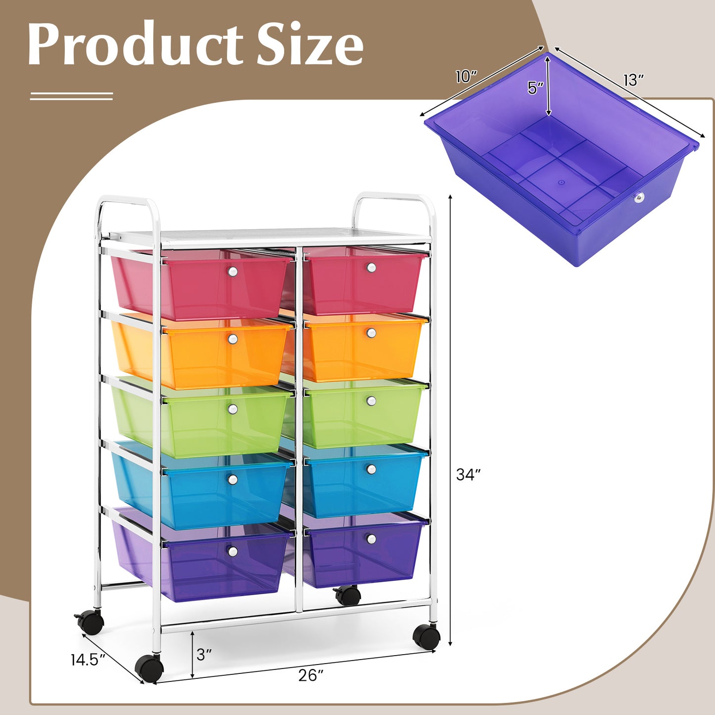 LIFEZEAL 10-Drawer Rolling Storage Cart with Lockable Wheels, Heavy-Duty Metal Frame & Removable Drawers - Multicolor Organizer for Home, Office, Classroom, Kitchen - 26"x14.5"x34"