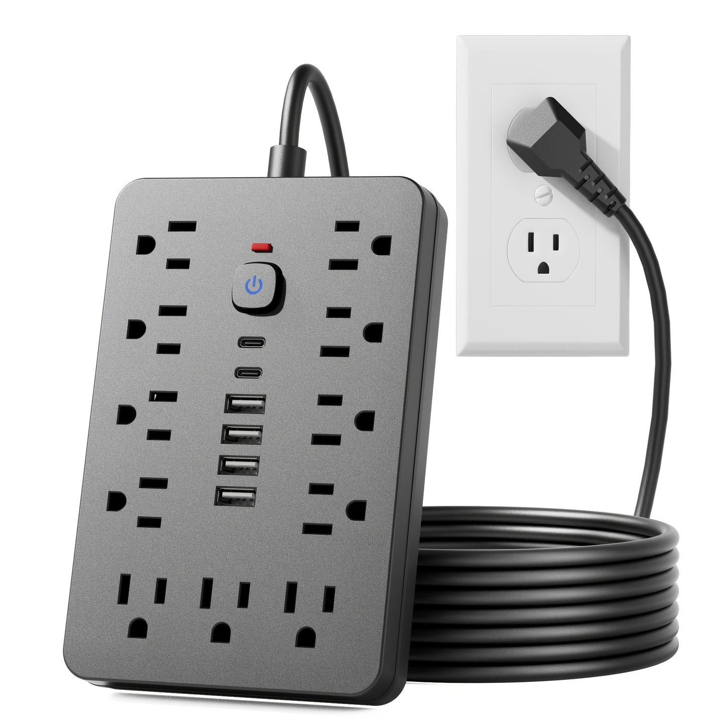 17-in-1 Power Strip - 11 Outlets, 6 USB Ports (4A & 2C), Flexible Cord, Wall Mountable, Surge Protection for Home, Office, Dorm, Desktop Charging Station