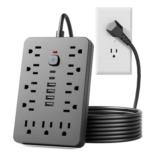 17-in-1 Power Strip - 11 Outlets, 6 USB Ports (4A & 2C), Flexible Cord, Wall Mountable, Surge Protection for Home, Office, Dorm, Desktop Charging Station