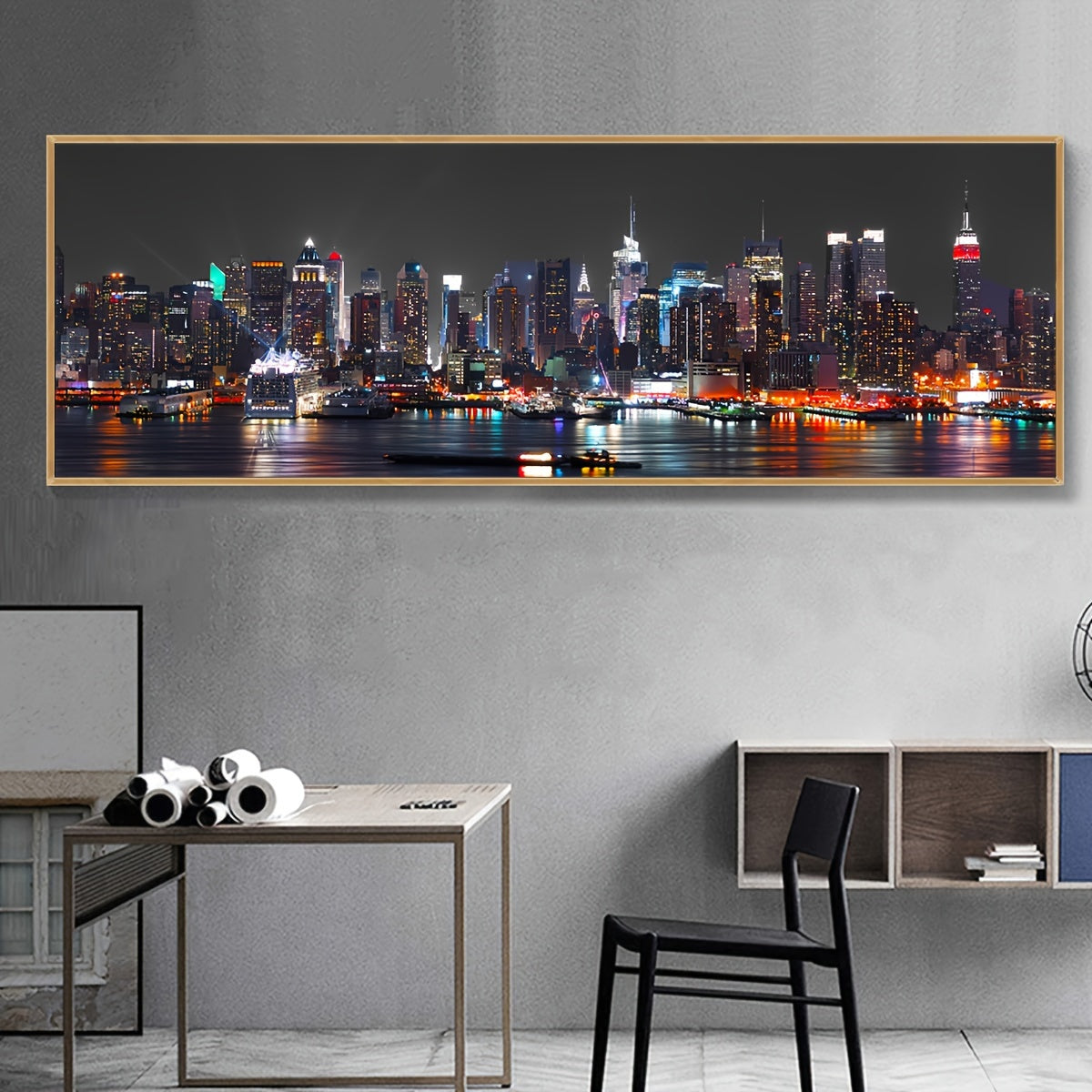 [Odorless Canvas Art Poster] Waterproof & Odorless Urban Riverside Night View Canvas Art Poster - Chic Wall Decor for Living Room, Bedroom, Office - Perfect Gift Idea