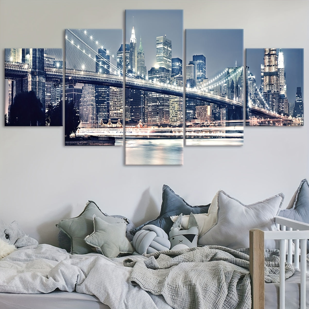 2D Flat, [2D FLAT] 5pcs Frame Urban Riverside Bridge Canvas Poster, Five Panel Scene Art, Modular Picture, Print Painting, Modern Art, Ideal Decor for Bedroom Living Room Kitchen Dorm, Wall Decoration, Gift for Family Friends