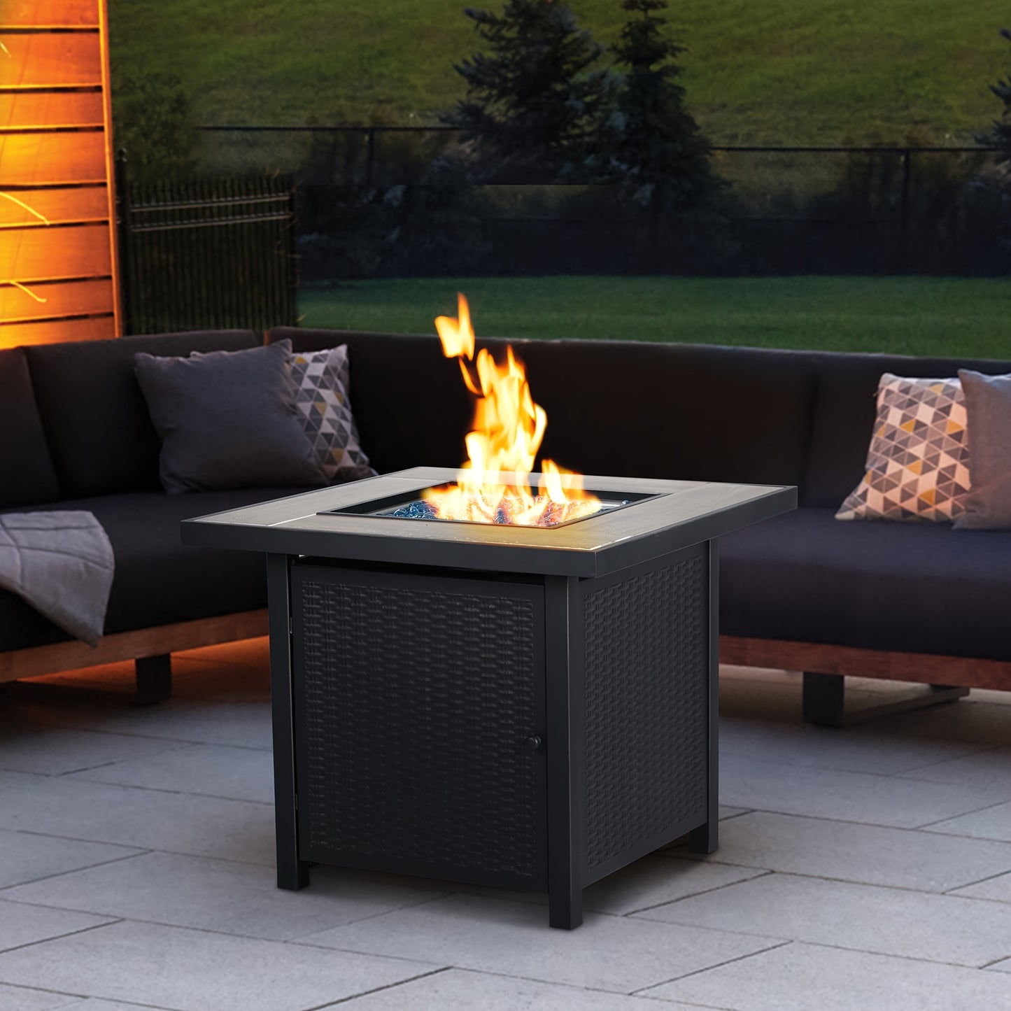 BALI OUTDOORS 50,000 BTU Heavy-Duty Propane Gas Fire Pit Table - 30" Square Outdoor fireplace with Fire Glass, Powder-Coated Steel Construction, Extreme Heat, for Backyard, Patio, Garden - Converts to Dining Table with Lid, B