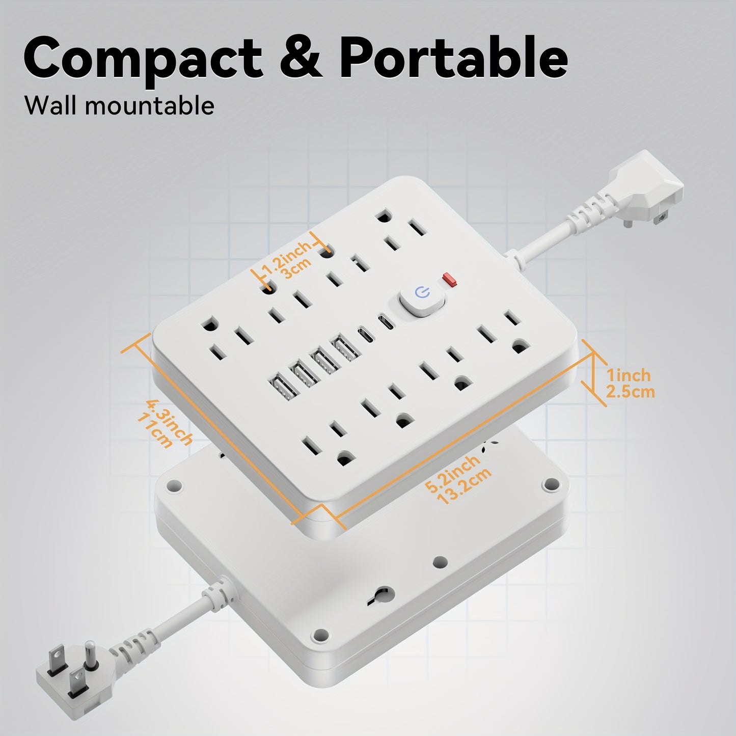1pc Rectangle USB Charging Station, 8 Outlets with 6 USB (2 USB C) Charging Ports, Multi Plug Outlet Extender, Flexible short charging cable, Flat Plug, Wall Mount, with Surge Protection, On and off switch, 110V/220V Power Su