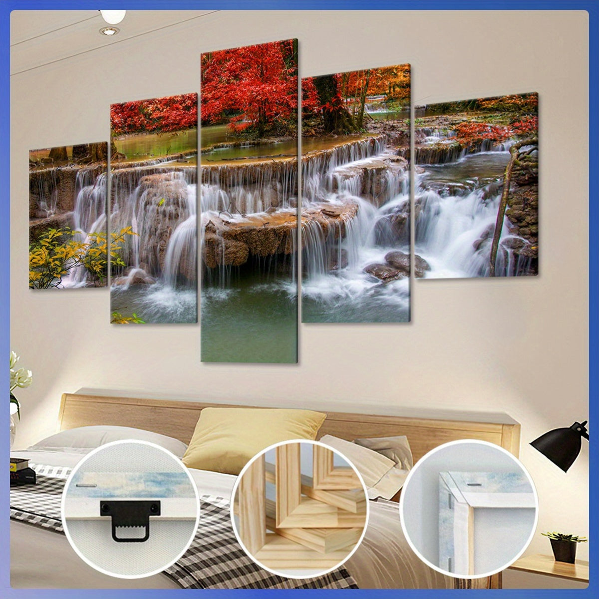 5pcs Wooden Framed Canvas, Jungle And Stream Theme Poster, Pattern Art for Home Decoration, Wall Decor for Living Room, Bedroom, Office, Bar, Restaurant, High Quality Waterproof Painting, HD Artwork.