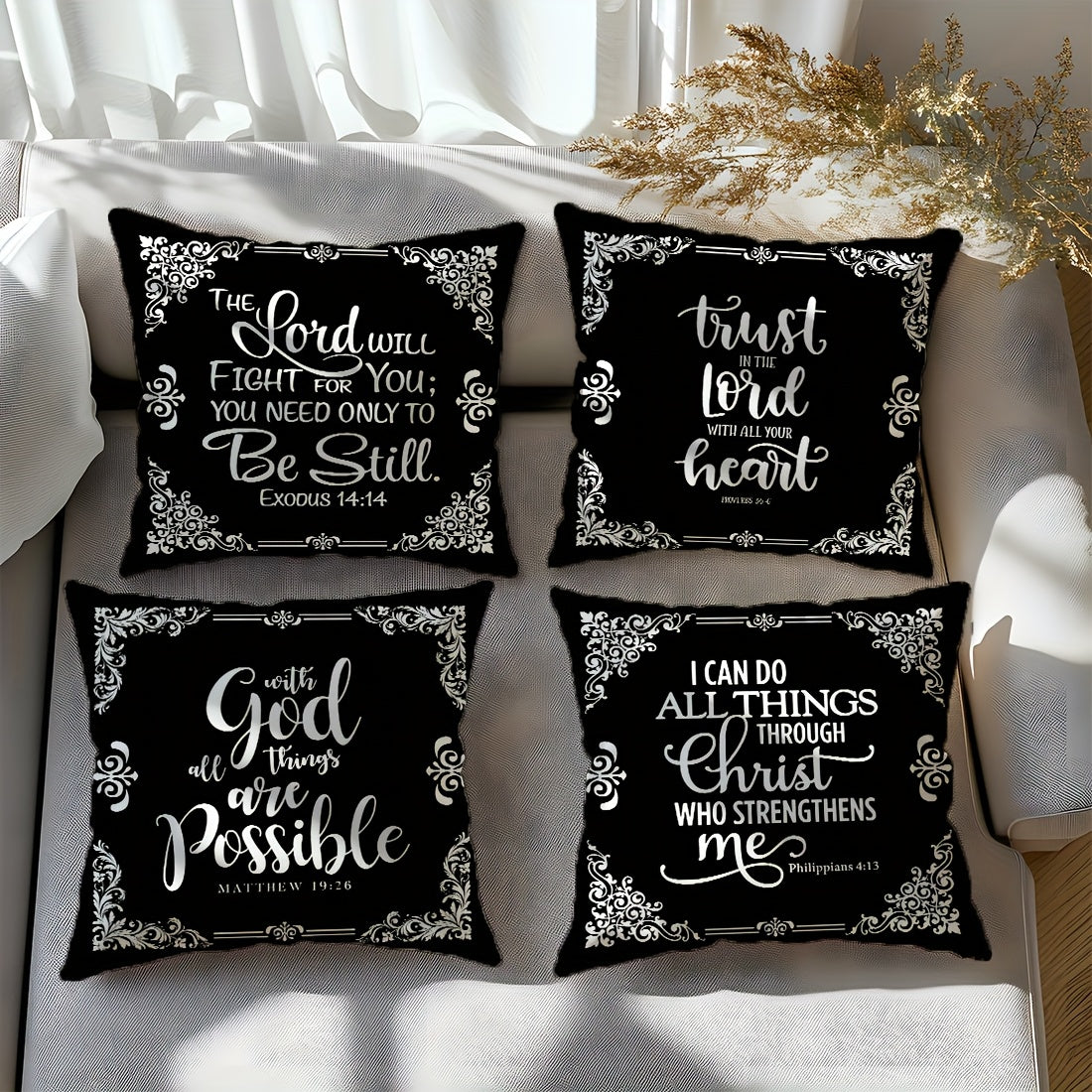 4pcs, Black White Bible Verse Retro Border Throw Pillow Covers, Simple Style Throw Pillow Case, 100% Polyester Peach Skin Material, Single Side Printing 45x45cm/17.71x17.71in, Decorative Cushion Cover For Home Bedroom Sofa Ch