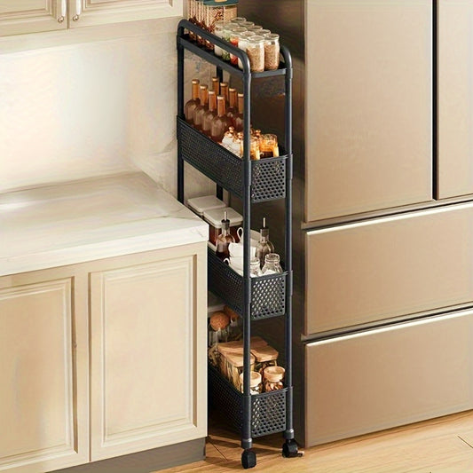 Space-Saving 5.12-Inch Narrow Storage Cabinet - 3-Tier Durable Plastic Freestanding Organizer with Wheels, Black & White Matte Design, Suitable for Bathroom, Kitchen, Living Room - Easy Assembly, Under 30 lbs Capacity, Vertic