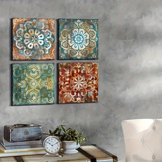 [4pcs Bohemian Wall Decor] 4pcs Vintage Bohemian Style Square Wall Art Decor | Rustic Hanging Accessories for Bedroom, Bathroom, Living Room | Game Enthusiasts Gift, 5.9"x5.9