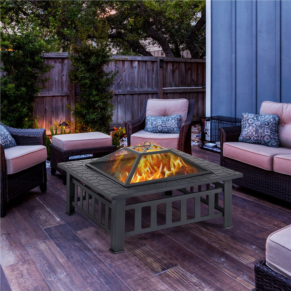Costoffs Halloween 32in/34in Outdoor Multi-functional Fire Pit Wood Fire Pit Table for Patio Camping Square Firepit for Barbecue, Heating, Cooling w/Cover, Poker