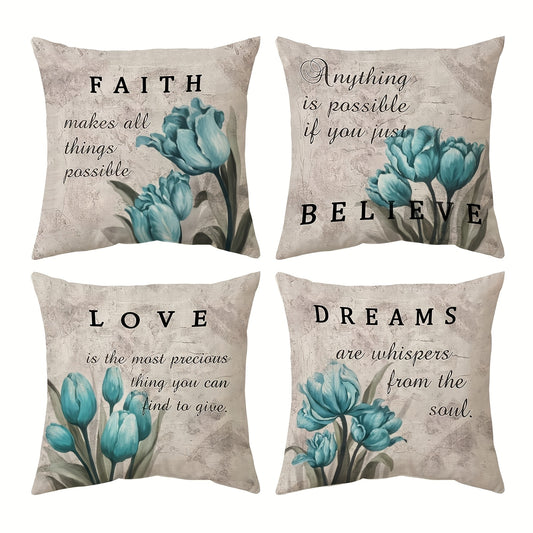 4pcs Easter Flower & Bunny Pillow Cover Set - Happy Easter & Hello Spring, Sofa Home Decoration, Room, Office, Living Room Decoration, No Pillow Core, Single-sided Printing - 17.7x17.7 Inches