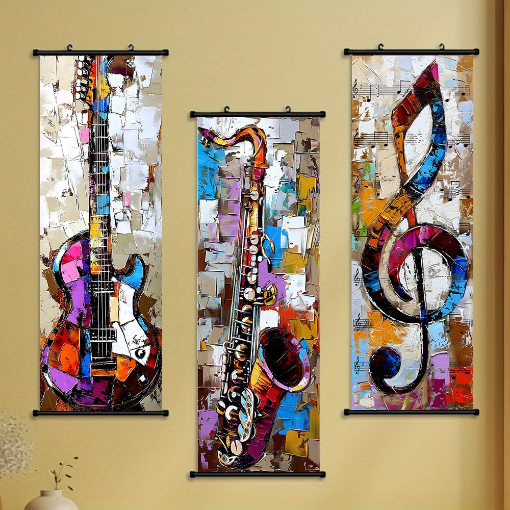- 3pcs Vibrant Music Hanging Scroll Painting Set Showcasing Notes, Guitar and Saxophone Art, Artwork Wall Art Bathroom Bedroom Living Room Wall Decor, Home Decor, Aesthetic Room Decoration