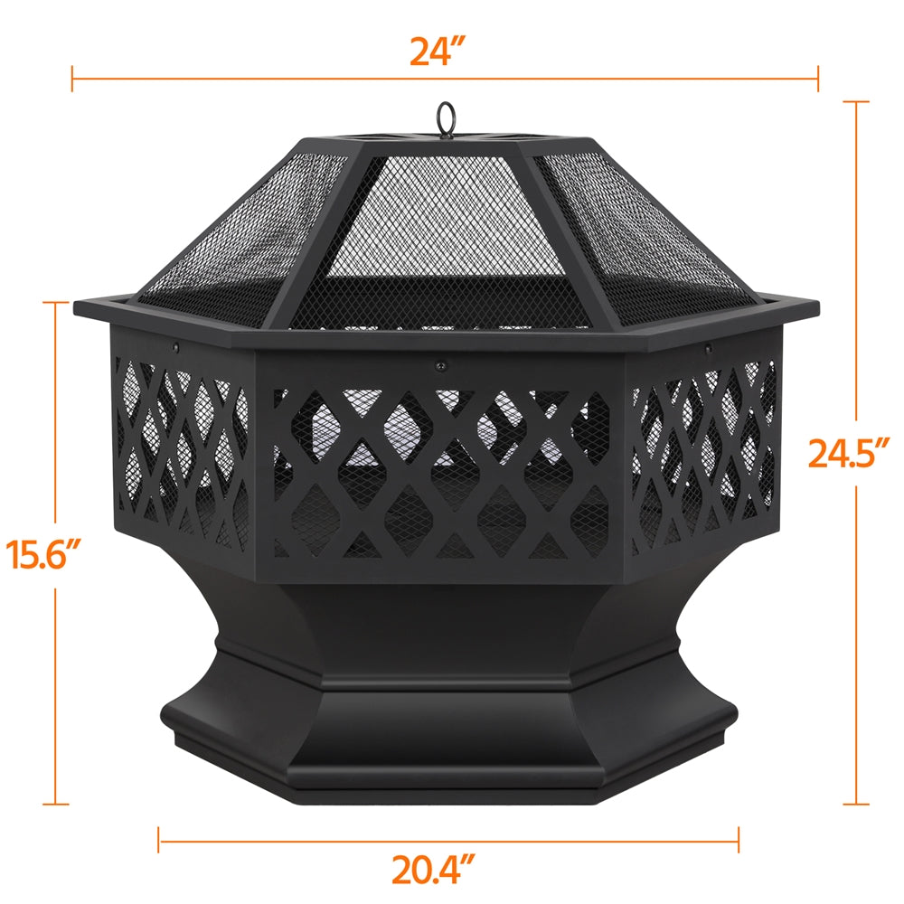Costoffs Halloween 24in Hex Shaped Fire Pit Bowl with Spark Screen & Poker