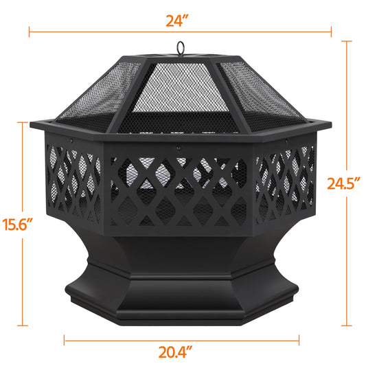 Costoffs Halloween 24in Hex Shaped Fire Pit Bowl with Spark Screen & Poker