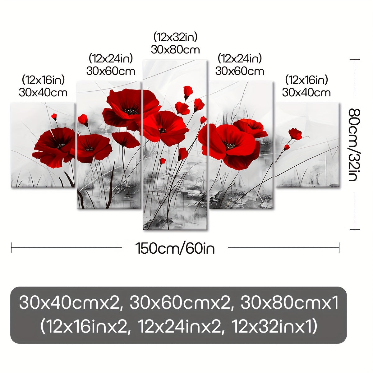 5pcs Modern Red Poppy Canvas Art Set - Vibrant Five-Panel Wall Decor, Waterproof & Odorless, Perfect for Living Room, Bedroom, or Kitchen, Ideal Gift for Family and Friends, Poppy Flower Decor