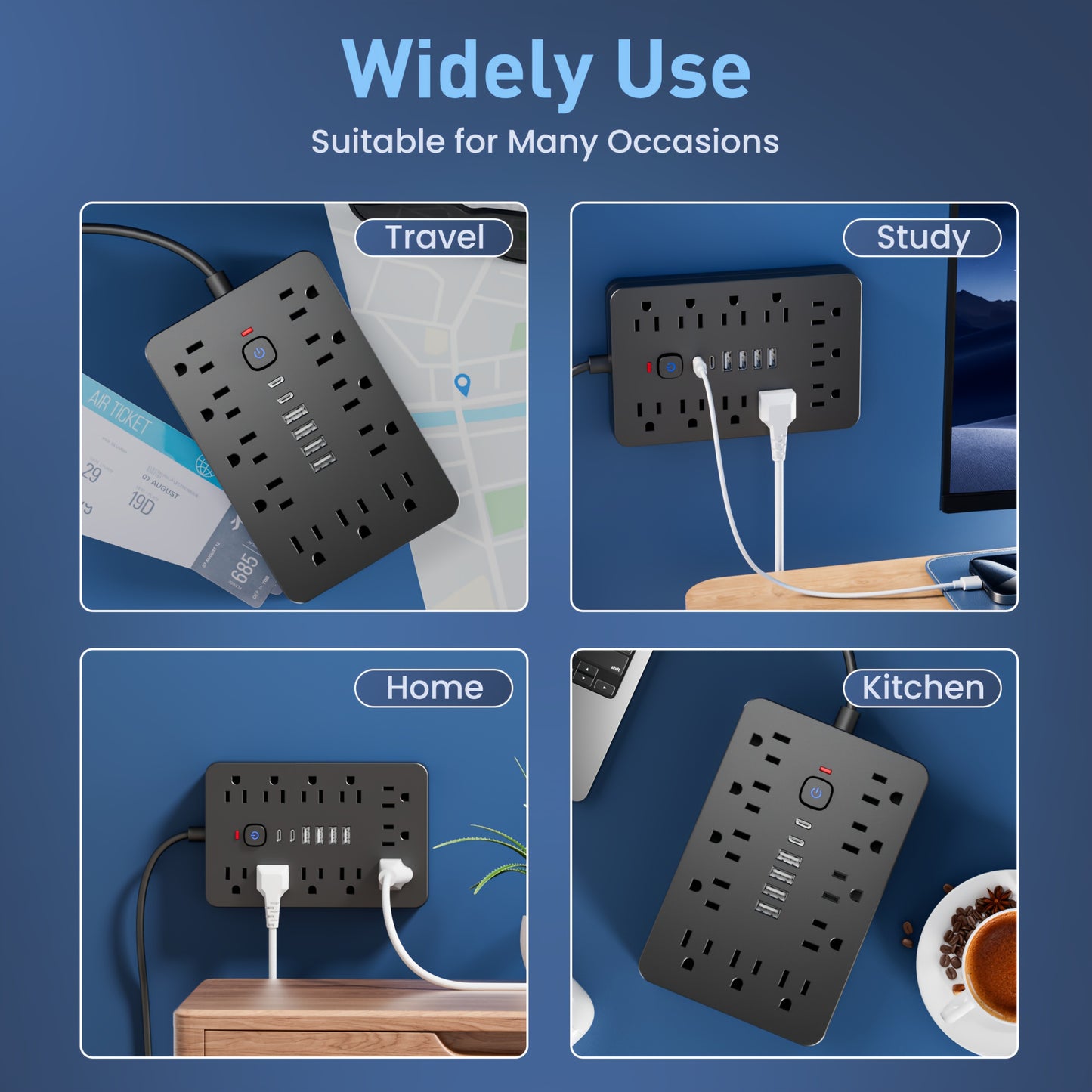 17-in-1 Power Strip - 11 Outlets, 6 USB Ports (4A & 2C), Flexible Cord, Wall Mountable, Surge Protection for Home, Office, Dorm, Desktop Charging Station