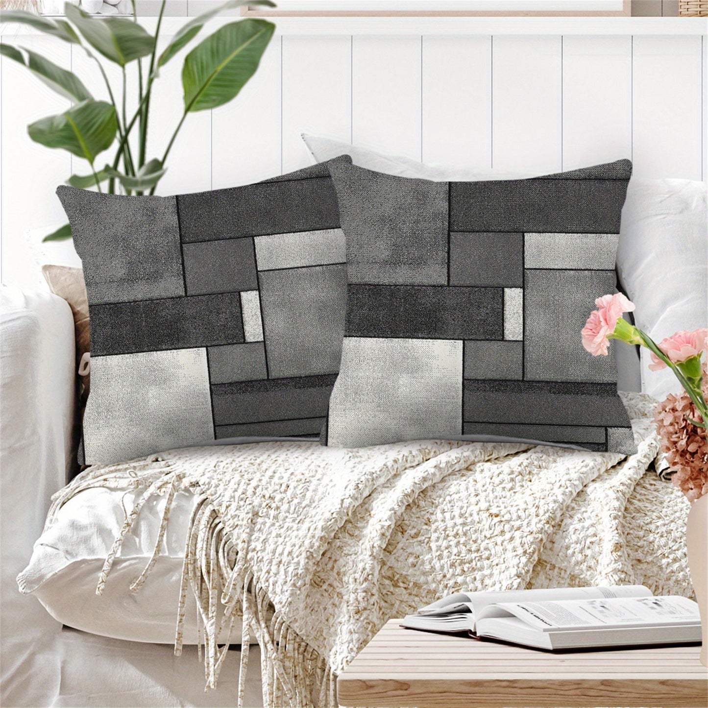 Set of 2 Gray Geometric Rectangular Throw Pillow Covers - Modern Abstract Design in Shades of Gray, Polyester Material with Zip Closure, Perfect for Beds, Sofas, and Bedrooms, Bedroom Decor|Contemporary Pillow Cover|Zippered