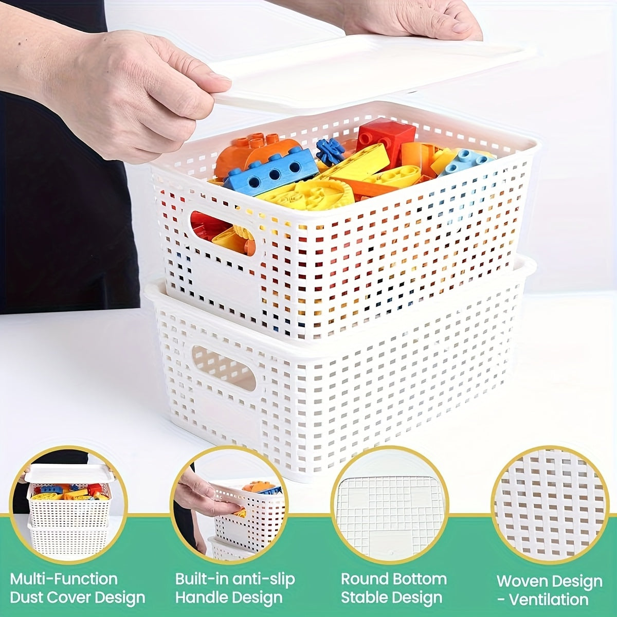 8pcs Modern Plastic Storage Bins with Lids - Versatile Organizer for Home, Office, and Toys, White Rectangular Design with Multiple Compartments for Document, Toy, and Small Items, Toy Storage, Shelf Baskets