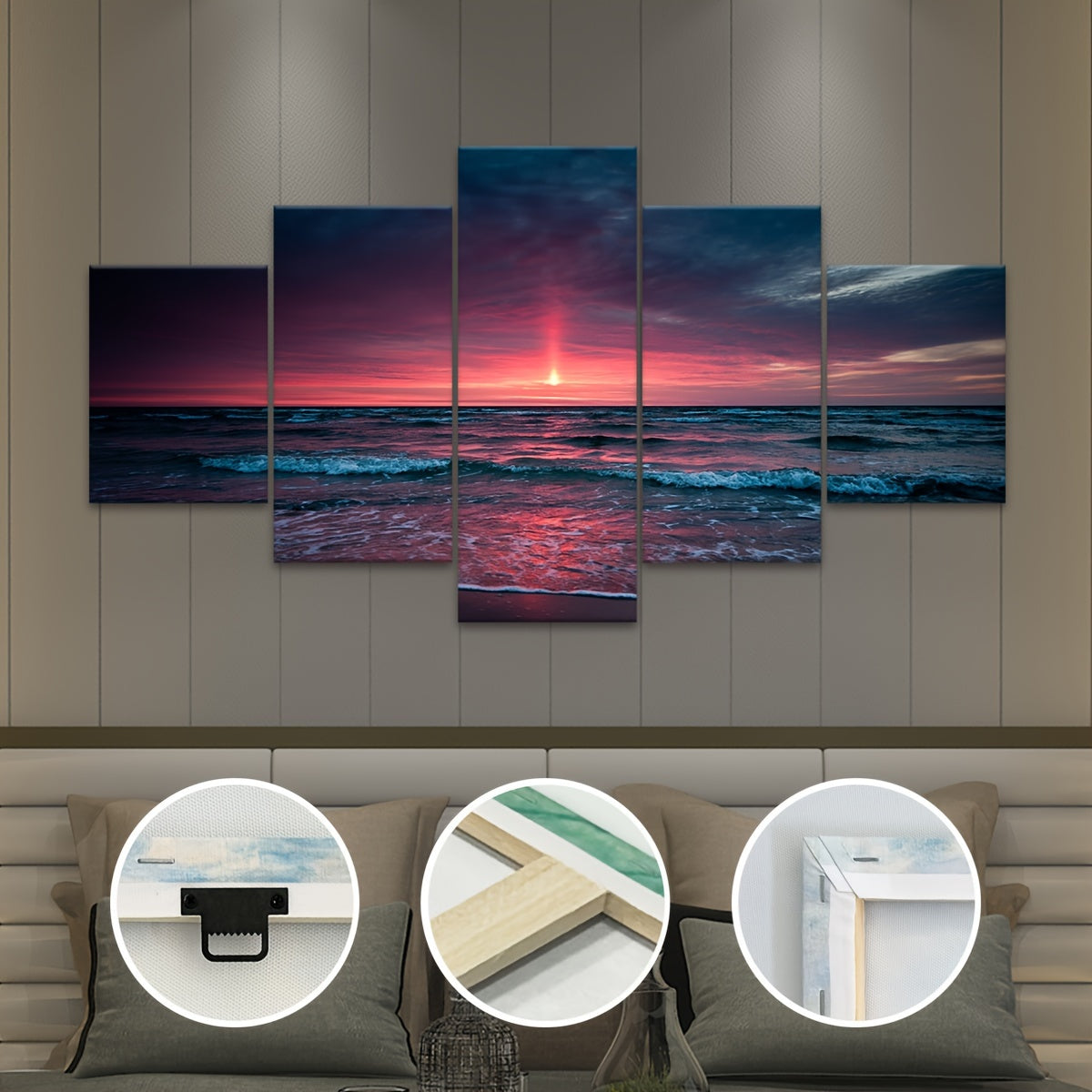 5pcs Frame Nature Seaside Lakes Canvas Poster, Sunrise Sunset Sea View Five Panel Scene Art, Modular Picture, Print Painting, Modern Art, Ideal Decor for Bedroom Living Room Kitchen Dorm, Wall Decoration, Gift for Family Frie