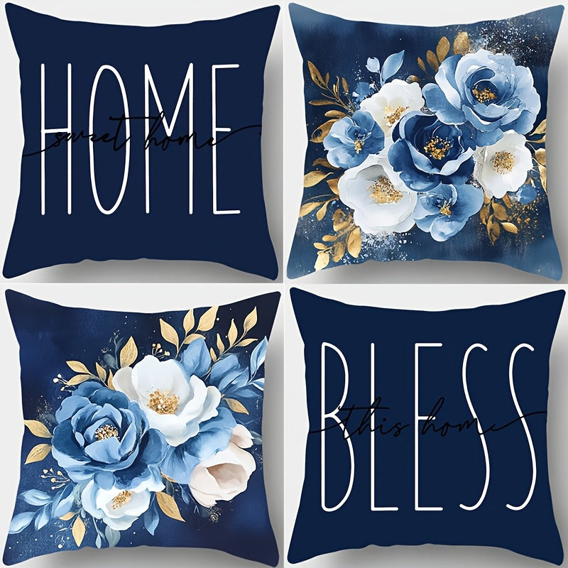 4pcs 17.7*17.7inch Machine Washable Zippered Pillow Covers - Blue & White Modern Floral Print by Home Blessing & Home Design, Perfect for Living Room & Bedroom Sofa Decor