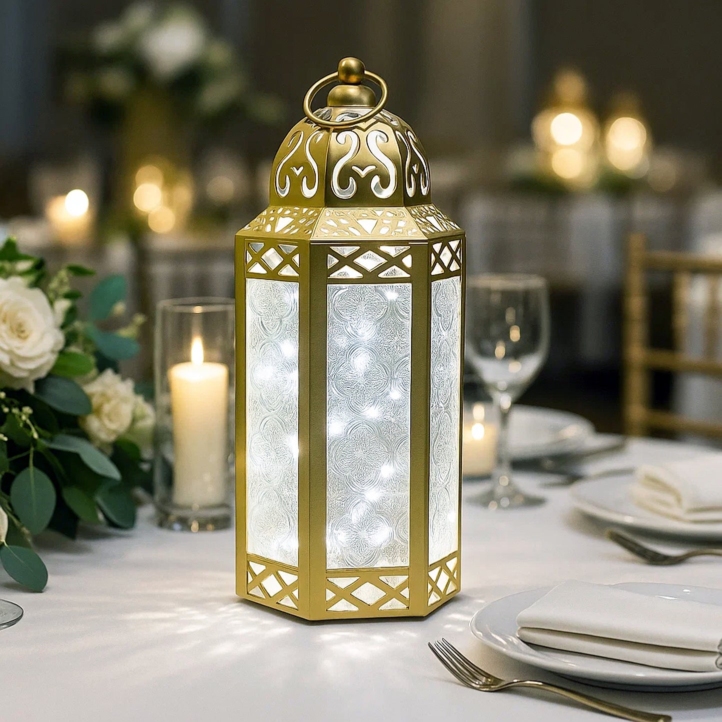 Stunning Ambient Lighting Safe and Stylish Glass Metal Moroccan Candle Lantern Holder Lamp with Battery-Operated LED Lights plus Remote Control – Handcrafted Lantern with Intricate Design and Embossed Glass, Indoor Home Dec
