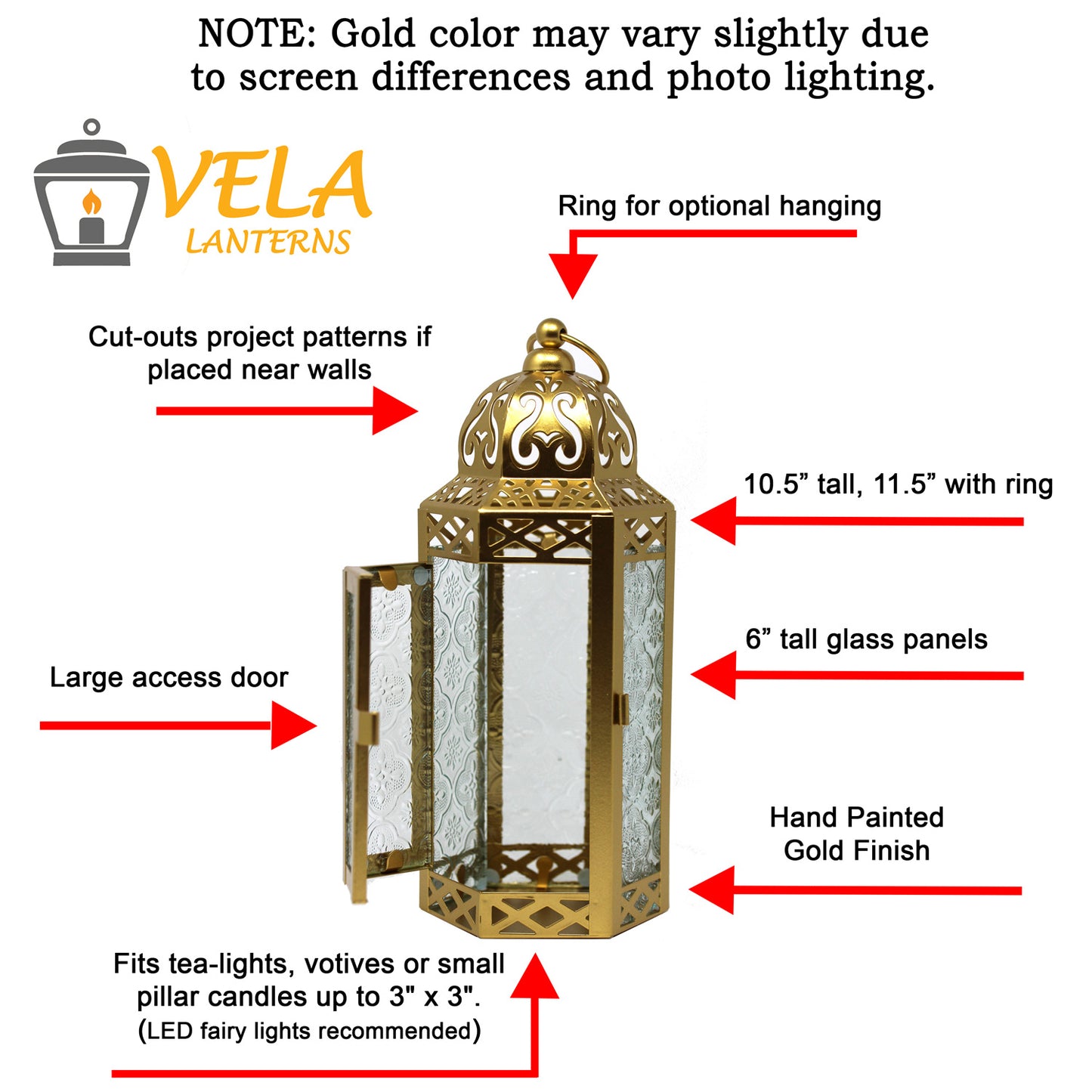 Stunning Ambient Lighting Safe and Stylish Glass Metal Moroccan Candle Lantern Holder Lamp with Battery-Operated LED Lights plus Remote Control – Handcrafted Lantern with Intricate Design and Embossed Glass, Indoor Home Dec