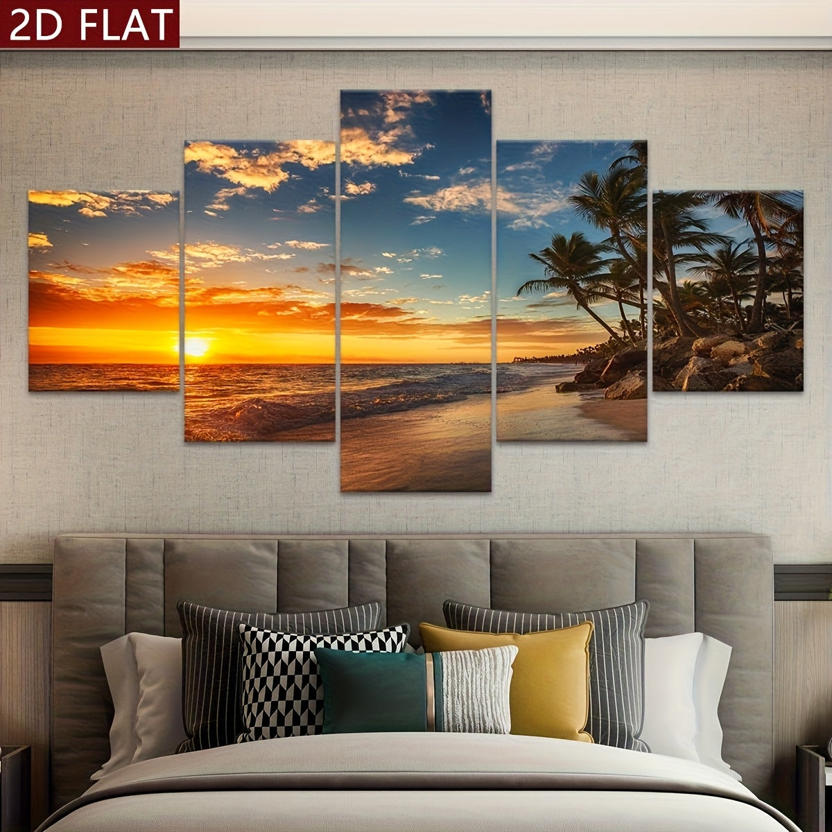 2D Flat, [2D FLAT] 5pcs Frame Sunset Sea View Beach Coconut Trees Canvas Poster, Five Panel Scene Art, Modular Picture, Modern Art, Ideal Decor for Bedroom Living Room Kitchen Dorm, Wall Decoration, Gift for Family Friends, M