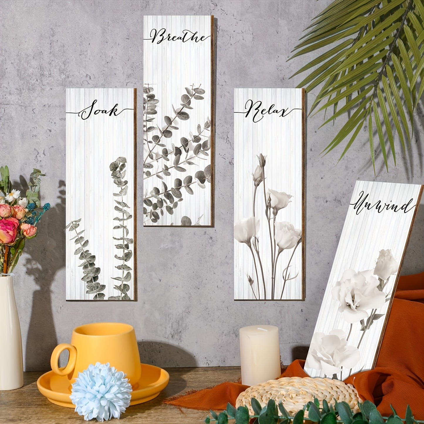 [4pcs Wooden Bathroom Decor] 4pcs Wooden Bohemian Plant Bathroom Wall Decor | Relax Soak and Breathe Bathroom Wall Wood Sign, Minimalist Floral Bathroom Wall Art Home Bathroom Washroom Laundry Room Wall Decoration