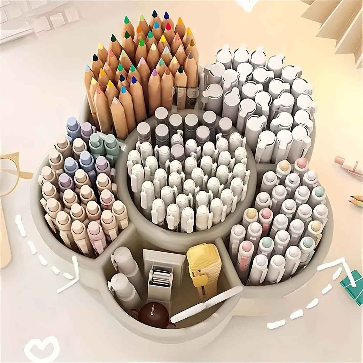 [Durable Desktop Organizer] 1pc 360-Degree Rotating Durable Plastic Desktop Organizer with 6 Compartments | Multi-Purpose Storage for Office Supplies, Makeup Brushes, Pens, Cosmetics & Stationery - Space-Saving Desk Organizer