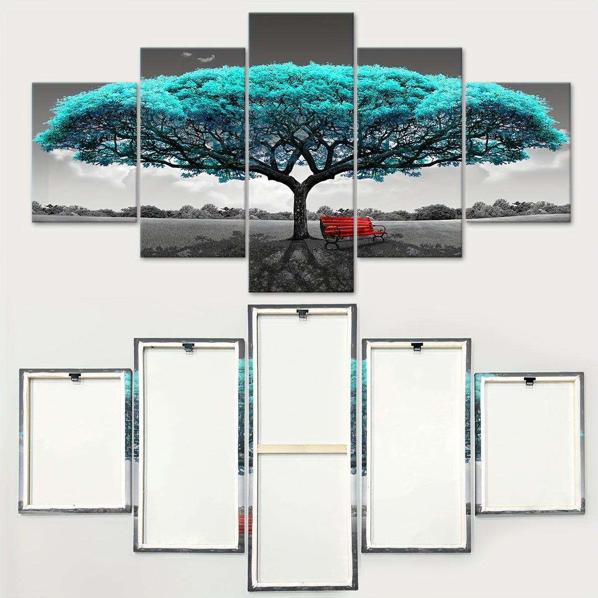5pcs Frame Green Happiness Tree Canvas Poster, Five Panel Scene Art, Modular Picture, Print Painting, Modern Art, Ideal Decor for Bedroom Living Room Kitchen Dorm, Wall Decoration, Gift for Family Friends, Murals, Waterproof,