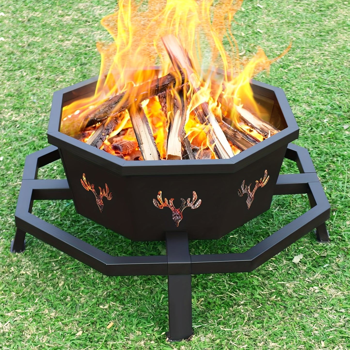 [Octagonal Wood Burning Fire Pit] 35 Inch Octagonal Wood Burning Fire Pit - Outdoor Bonfire Firepit for Camping, Backyard, Patio