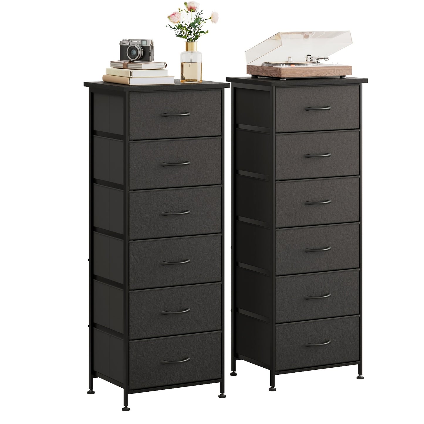 Fabric Dresser, 6-Drawer Tall Dresser for Bedroom, Storage Organizer with Fabric Bins, Wood Top, Sturdy Steel Frame, Chest Of Drawers for Closet, Hallway, Black, for Halloween And Christmas