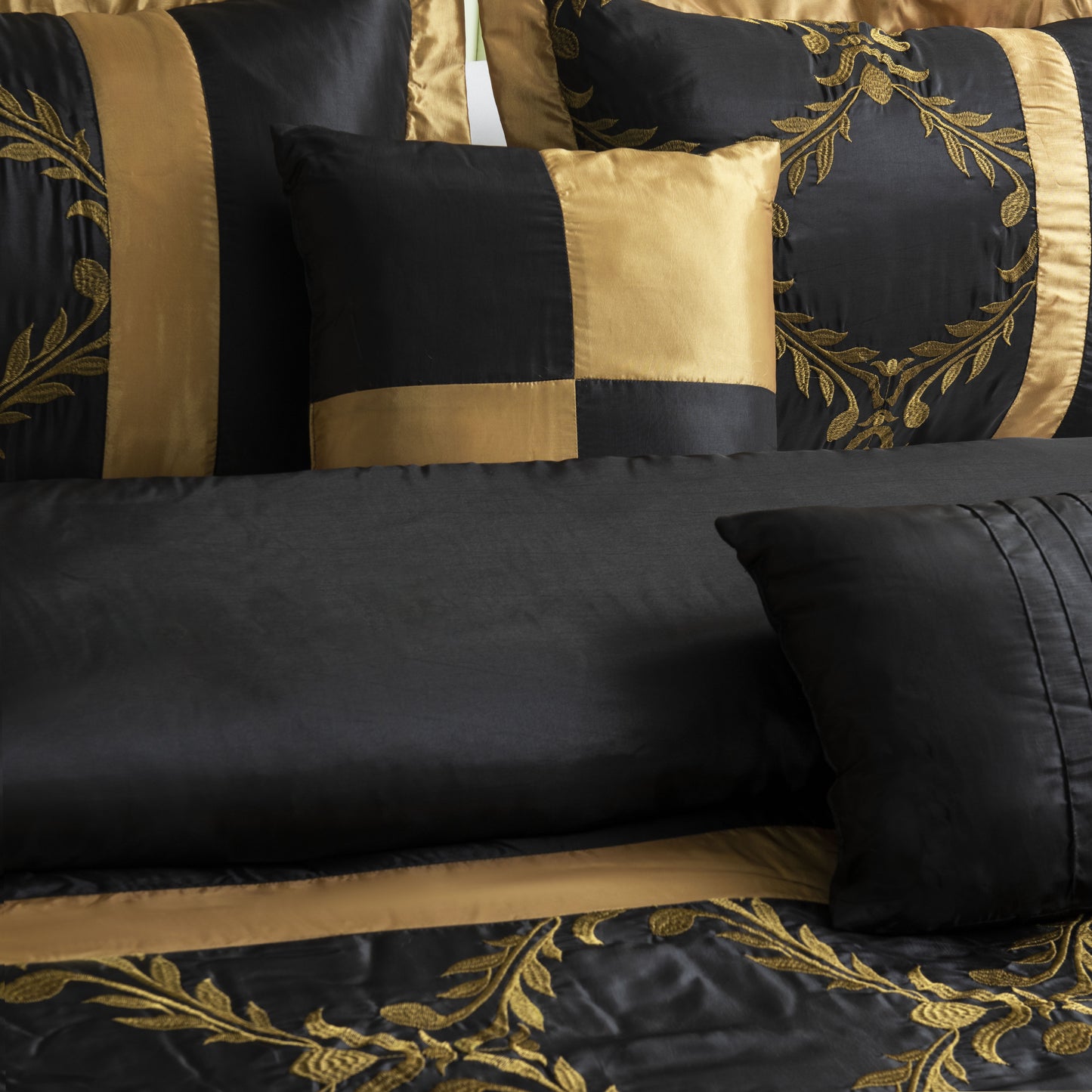 7 Piece Classic Embroidery Comforter Set King/Queen- Black And Silver Faux Silk Fabric Embroideried-1 Comforter, 2 Shams, 3 Decorative Pillows, 1 Bedskirt