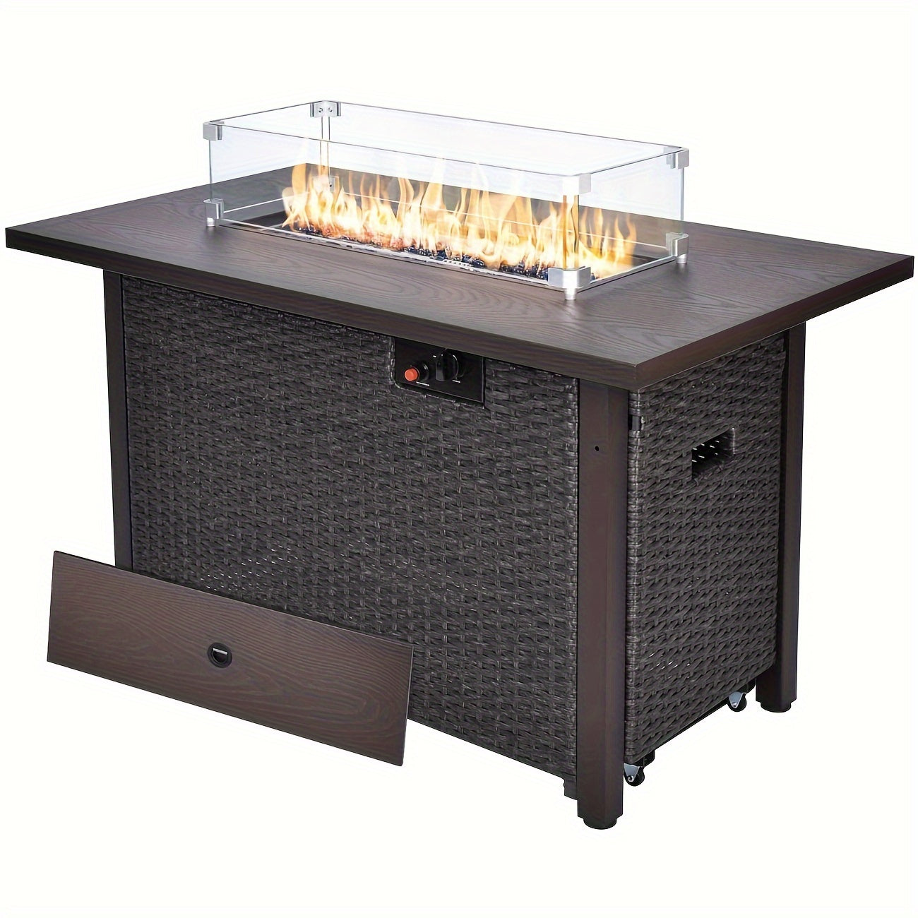 42" Propane Fire Pit Table, 50, 000 BTU, Brown Rattan and Metal with Glass Windshield, Lid, and Blue Glass Stones - Ideal for Outdoor Patio Use
